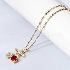 Brass Pave Clear and Red Cubic Zirconia Cherry Pendant 304 Stainless Steel Cable Chain Necklaces for Women&nbsp;NJEW-H092-05G