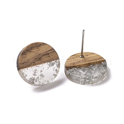 Resin & Walnut Wood Flat Round Stud Earrings with 304 Stainless Steel Pin for Women&nbsp;EJEW-N017-010