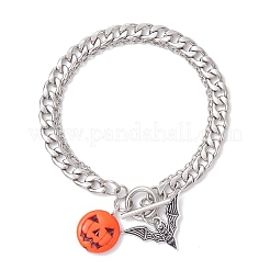 Halloween Alloy Enamel Bat and Dyed Synthetic Turquoise Pumpkin Charm 304 Stainless Steel Bracelet Sets&nbsp;BJEW-JB12446-01