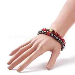 2Pcs 2 Style Natural Red Agate Carnelian(Dyed & Heated) & Synthetic Hematite Stretch Bracelets Set with Alloy Dragon&nbsp;BJEW-JB08655