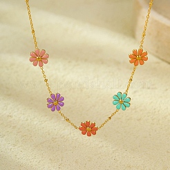 304 Stainless Seel Enamel Daisy Flower Link Chain Necklaces for Women&nbsp;NJEW-D303-01G