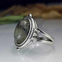 Oval Zinc Alloy Natural Labradorite Finger Rings&nbsp;WG970F5-04