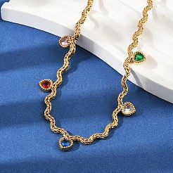 304 Stainless Steel Rope Chain Colorful Cubic Zirconia Tassel Necklaces for Women&nbsp;NJEW-V015-01G-A