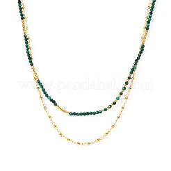 Faceted Round Natural Malachite and Faux Pearl Beaded Double Layer Necklaces with Stainless Steel Cable Chains for Women&nbsp;QA9990-1