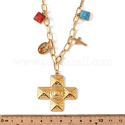 Religion 304 Stainless Steel Textured Cross and Resin Imitattion Turquoise Square Pendant Necklaces for Women&nbsp;NJEW-F380-01G