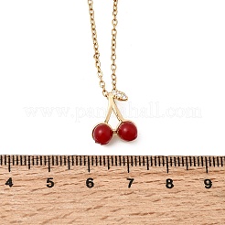 Brass Micro Pave Clear Cubic Zirconia & Resin Red Cherry Pendant 304 Stainless Steel Cable Chain Necklaces for Women&nbsp;NJEW-H092-06G