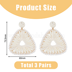 3 Pairs 3 Colors Raffia Grass Braided Triangle Dangle Stud Earrings for Women&nbsp;EJEW-FI0002-28