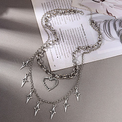 Alloy Hollow Heart and Star Pendant Double Layer Necklaces for Women&nbsp;WG6A60D-01