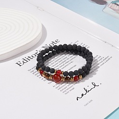 2Pcs 2 Style Synthetic Lava Rock & Natural Red Agate Carnelian(Dyed & Heated) & Tiger Eye Beaded Stretch Bracelets Set&nbsp;BJEW-JB08698