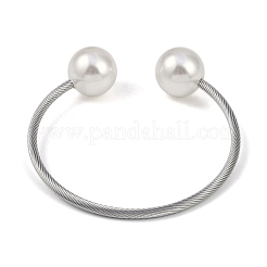 304 Stainless Steel & Plastic Round Bead Open Cuff Bangles&nbsp;BJEW-M042-04P