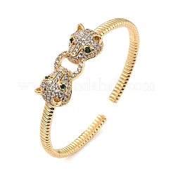 Green Cubic Zirconia Doube Leopard Doorknocker Shape Cuff Bangle&nbsp;BJEW-I298-24G