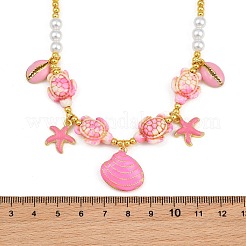 Ocean Brass Enamel Starfish Shell Shape Pendant Round ABS Imitation Pearl Beaded Necklaces&nbsp;KK-CBA4547-04C-G