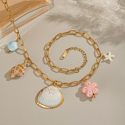 European Electroplated Natural Shell & Ceramic Shell Flower Pendant 304 Stainless Steel Paperclip Chain Bib Necklaces&nbsp;DC9406