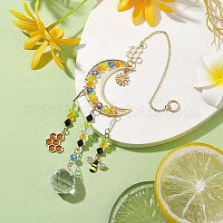 Glass Beads Wire Wrapped Brass Moon Hanging Ornaments&nbsp;HJEW-TA00214