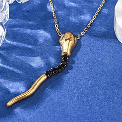 304 Stainless Steel Jet Rhinestone Snake Pendant Cable Chain Necklaces for Women&nbsp;NJEW-A051-01G