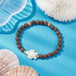 Summer Beach Turtle Dyed Synthetic Turquoise & 6.5mm Round Wenge Wood Beaded Stretch Bracelets for Women&nbsp;BJEW-JB10515-02
