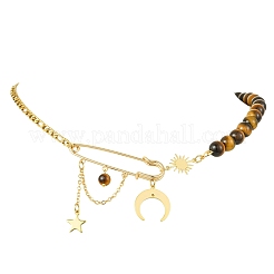 Brass Moon Star Pendant 304 Stainless Steel Figaro Chain and Natural Tiger Eye Round Beaded Necklaces for Women&nbsp;NJEW-TA00238