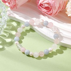 Natural Rose Quartz & White Jade & Pearl Round Beaded Stretch Bracelets for Women&nbsp;BJEW-JB11041-01