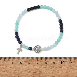Gradient Natural Mixed Stone Faceted Round Beaded Stretch Bracelets with Alloy Saint Benedict Medal&nbsp;BJEW-JB14401-01
