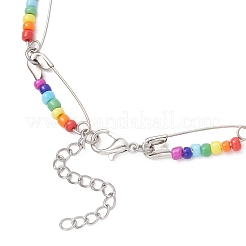 Chakra Colorful Glass Seed Beaded Iron Safety Pin Link Chain Necklaces&nbsp;NJEW-JN05670