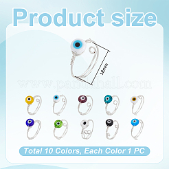 10Pcs 10 Colors Copper Wire Wrapped Flat Round Evil Eye Lampwork Finger Rings&nbsp;RJEW-UN00052
