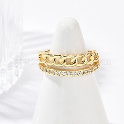 Curb Chain Style Brass Micro Pave Clear Cubic Zirconia Open Cuff Rings for Women&nbsp;RJEW-G343-07G