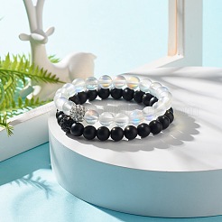 Synthetic Moonstone & Black Stone Round Beads Stretch Bracelets Set&nbsp;BJEW-JB07487