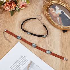 2Pcs 2 Colors Alloy Pave Synthetic Turquoise Oval Imitation Leather Choker Necklaces for Women&nbsp;NJEW-CY0001-06