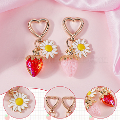 2Pcs 2 Colors Strawberry & Flowers Alloy Enamel & Acrylic Pendant Decoration&nbsp;HJEW-SP0001-13