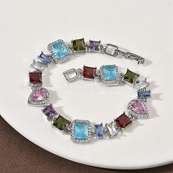 Brass Micro Pave Colorful Cubic Zirconia Rectangle & Square & Teardrop Link Chain Bracelets for Women&nbsp;BJEW-G764-07P