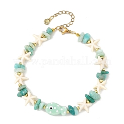 Ocean Natural Amazonite Chip & Synthetic Turquoise Starfish & Handmade Porcelain Fish Beaded Anklets for Women&nbsp;AJEW-AN00864