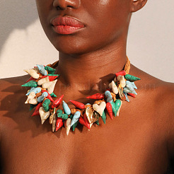 Bohemian Alloy & Acrylic Heart Beaded Waxed Cord Bib Necklaces for Women&nbsp;FS-WG4624E-01
