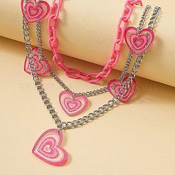 Acrylic Pink Glitter Heart Pendant 304 Stainless Steel Chain 3 Layer Necklaces for Women&nbsp;FS-WG9B734-01