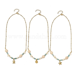 304 Stainless Steel Sea Animals Pendant Satellite Chain Necklaces with Synthetic Turquoise and Natural Amazonite Heishi Beads&nbsp;NJEW-JN06504