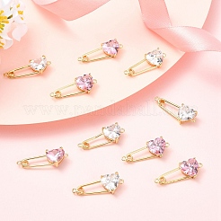 2Pcs 2 Colors Brass Pave Cubic Zirconia Heart Safety Pin Connector Charms&nbsp;KK-YW0004-19
