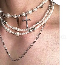 Cross Stainless Steel & Plastic Imitation Pearl Pendant Multi Layered Necklaces for Women&nbsp;FS-WGBBA27-01