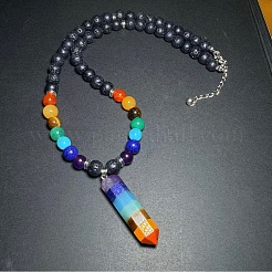 Colorful Chakra 8MM Round Natural Lava Stone Beaded Hexagonal Prism Pointed Healing Crystal Pendant Necklaces&nbsp;VZ5642