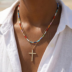 Bohemian 304 Stainless Steel Cross Pendant Rainbow Color Round Glass Seed Beaded Double Layer Necklaces for Women&nbsp;MU6538-2