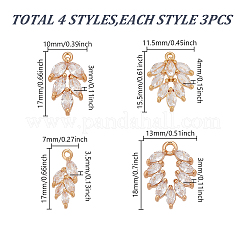 12pc 4 Styles Brass Micro Pave Clear Cubic Zirconia Pendants&nbsp;FIND-AR0006-32G