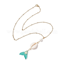 Natural Cowrie Shell & Glass & Shell Pearl Mermaid Tail Pendant Necklaces&nbsp;NJEW-JN05232