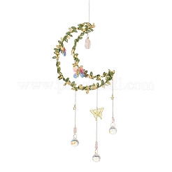 Wire Wrapped Natural Rose Quartz & Brass Moon Pendant Decorations&nbsp;HJEW-K046-08G-04