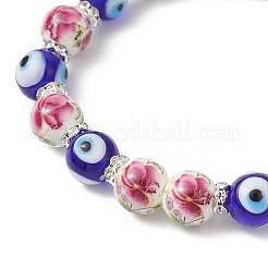 Handmade Flower Printed Porcelain Ceramic & Handmade Lampwork Evil Eye Beads Stretch Bracelets for Women&nbsp;BJEW-JB12105-02