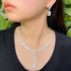 Rectangle Brass Micro Pave Clear Cubic Zirconia Pendant Necklaces & Stud Dangle Earrings Sets&nbsp;FS-WG06681-01