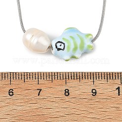 Handmade Porcelain Fish & Natural Cultured Freshwater Pearl Pendant 304 Stainless Steel Round Snake Chain Necklaces for Women&nbsp;NJEW-JN06398
