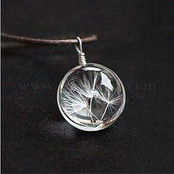 Flat Round Clear Glass Inner Dandelion Pendant Imitation Leather Cord Necklaces for Women&nbsp;FS-WG7DEC0-01