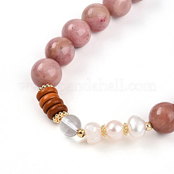 Round Natural Fresh Water Pearl & Red Agate Rhodonite & Quartz Crystal Beaded  Wrap Bracelets for Men Women&nbsp;BJEW-T022-07