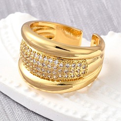 Brass Micro Pave Cubic Zirconia Adjustable Open Cuff Rings for Women&nbsp;RJEW-K292-03G