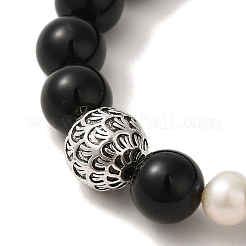 Natural Pearl & Obsidian & Brass Round Stretch Bracelets&nbsp;BJEW-C051-24