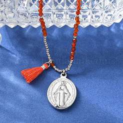 304 Stainless Steel Oval Virgin Mary Pendant Necklaces&nbsp;NJEW-A045-24P