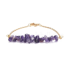 2Pcs 2 Color Natural Amethyst Chip Beaded Link Bracelets Set with 304 Stainless Steel Cable Chains&nbsp;BJEW-JB07914-03